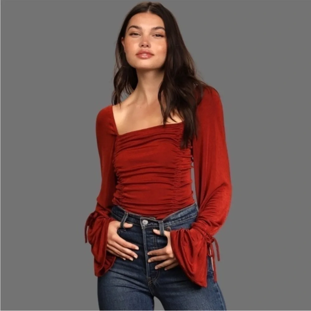 NEW Free People Meant To Be Ruched Bodysuit Cherry Chai Rust Red XL